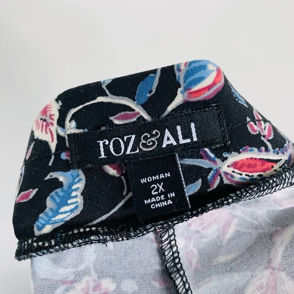 Roz & Ali Plus Size 2X Floral Print Wide Leg Pull On Pants Black - Picture 3 of 5